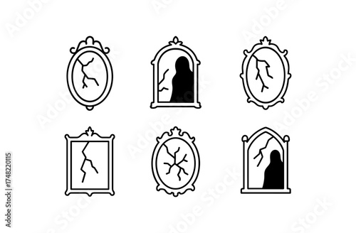 Vintage haunted mirrors with cracks and mysterious silhouettes