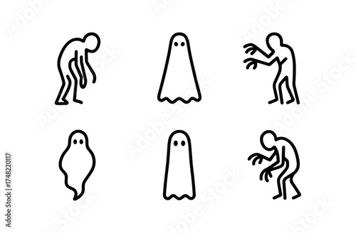 Simple ghost and zombie line art icons for halloween design projects