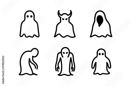 Simple ghost icons set with various styles and expressions for halloween design