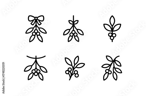 Minimalist outline icons of christmas mistletoe with berries and leaves
