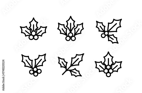 Minimalist holly leaf outlines for christmas designs