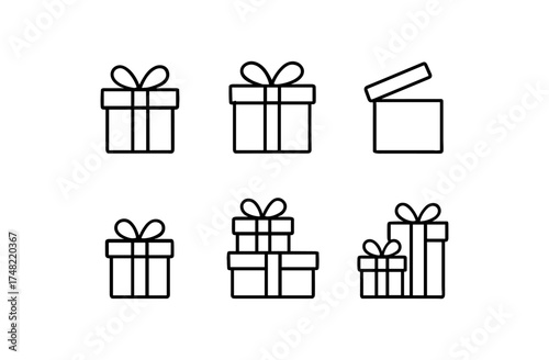 Minimalist gift box icon set with open and stacked present designs