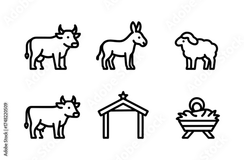 Simple christmas nativity icons featuring animals and manger in linear style