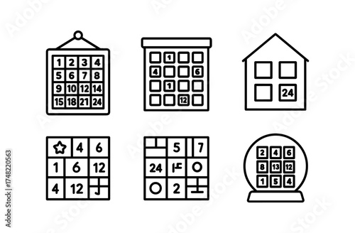 Black and white bingo cards and game boards in simple outline design