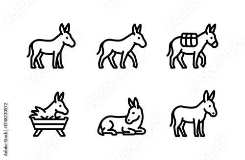Minimalist donkey icons set: line art illustrations of farm animals in various poses