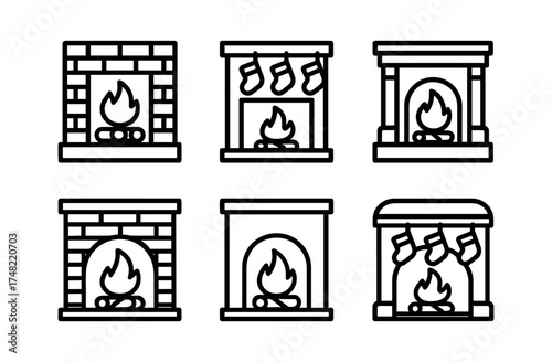 Set of linear fireplace icons with holiday stockings in minimalist style