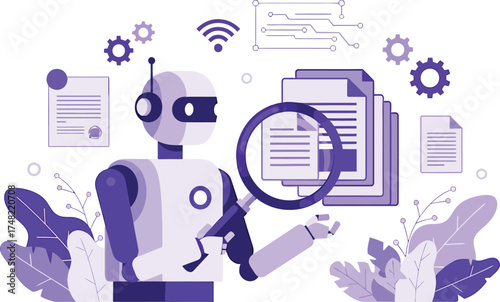 Advanced artificial intelligence robot meticulously examining digital documents and processing vast amounts of data for automated learning and efficient information management