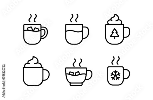 Minimalist line art cups featuring warm holiday beverages with seasonal elements