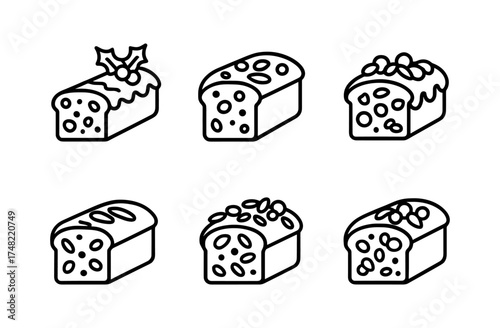 Set of linear fruitcake icons with berries and decor for holiday baking designs
