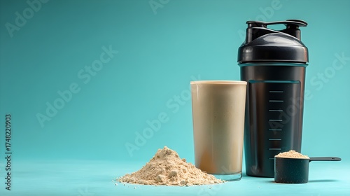 A protein shaker bottle filled with creamy shake sits next to a mound of protein powder and a measuring scoop. The soft turquoise background adds a refreshing touch, perfect for fitness enthusiasts.
