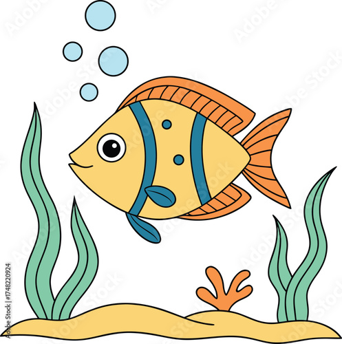 Vector art of cute cartoon yellow fish with blue stripes swimming underwater with seaweed and bubbles