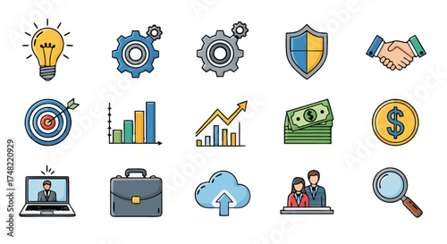 Business and Finance Icons Set Featuring Growth, Success, and Financial Management Concepts Represented by Various Symbols for Presentations and Infographics