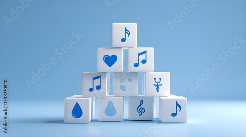 A pyramid of white blocks is arranged against a blue background, each featuring blue icons like a heart, stethoscope, musical note, and water droplet. It symbolizes health, care, and creativity.