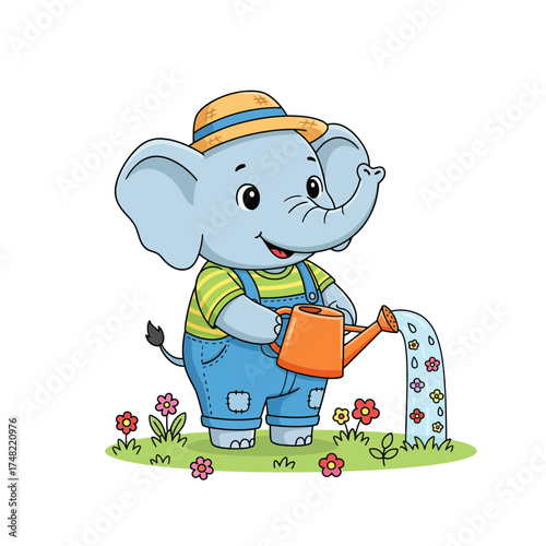 Cute Chibi Elephant Farmer Vector Illustration