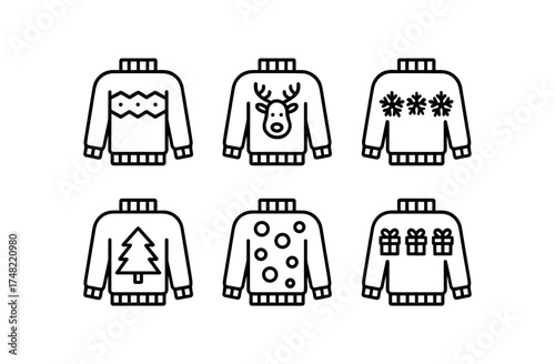 Winter holiday sweater set: festive line art collection with icons