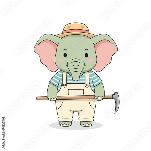 Cute Chibi Elephant Farmer Vector Illustration