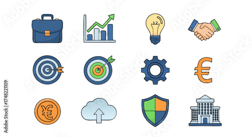 Collection of Business and Finance Icons Representing Growth, Success, Security, and Investment with Modern Graphics on White Background