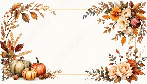 Autumn harvest watercolor frame with pumpkins, fall leaves, berries, and elegant flowers on a white background with copy space