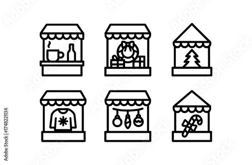 Minimalist line art market stalls with holiday and gift themes