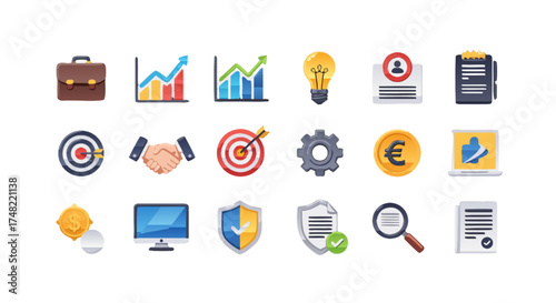A collection of business and finance icons representing growth, success, security, and ideas for presentations, websites, and digital content