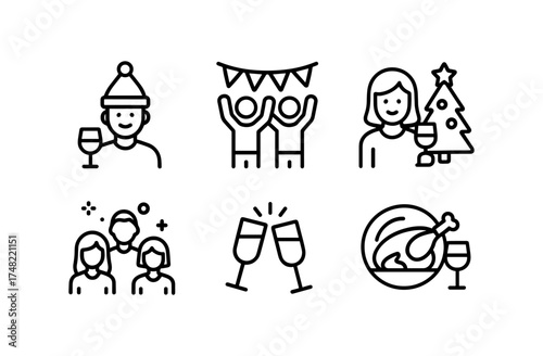 Festive holiday icons celebrating christmas and new year in line art style