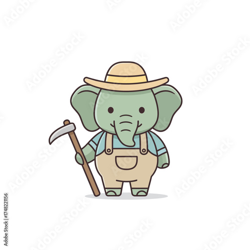 Cute Chibi Elephant Farmer Vector Illustration