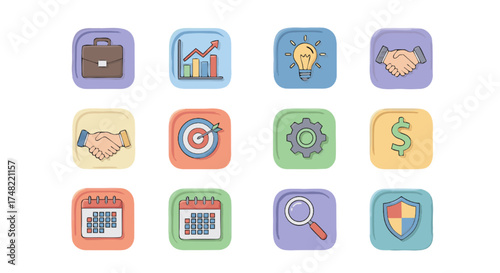 Collection of Business and Finance Icons Strategy, Growth, Innovation, Partnership, Calendar, Research, and Security