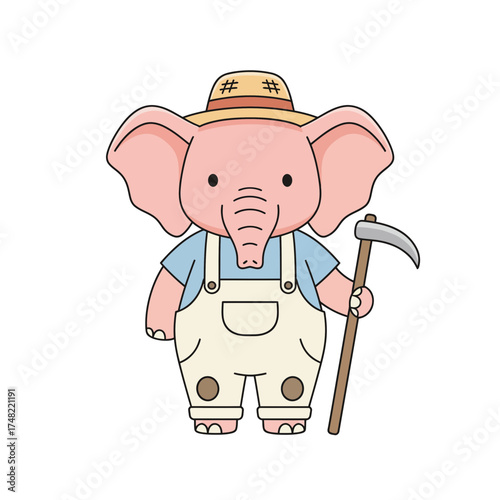 Cute Chibi Elephant Farmer Vector Illustration