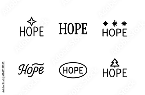 Diverse typography designs of the word hope in minimalist black and white styles