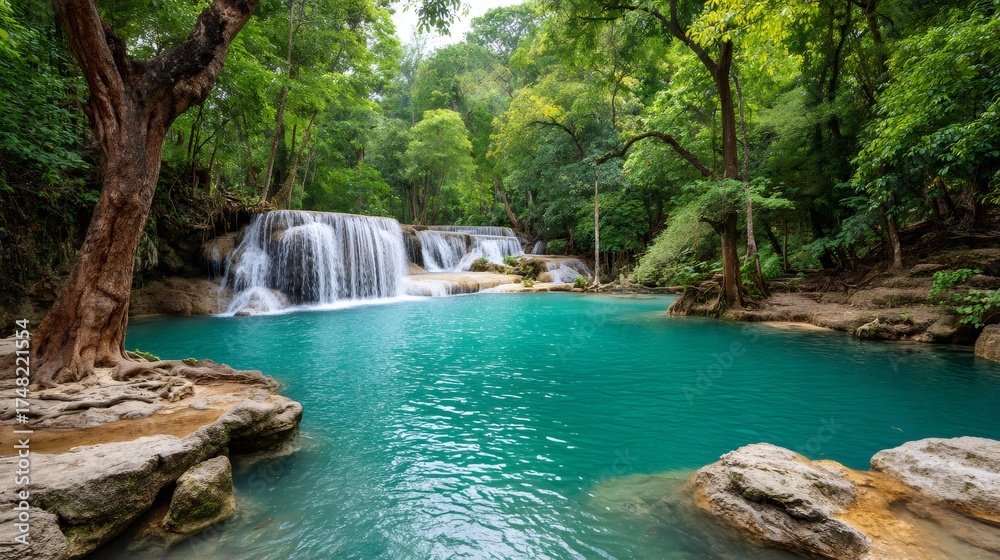 Naklejka premium Erawan waterfall flowing into a turquoise pond in tropical forest
