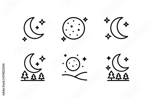 Minimalist night sky icons featuring crescent moon, stars, and trees