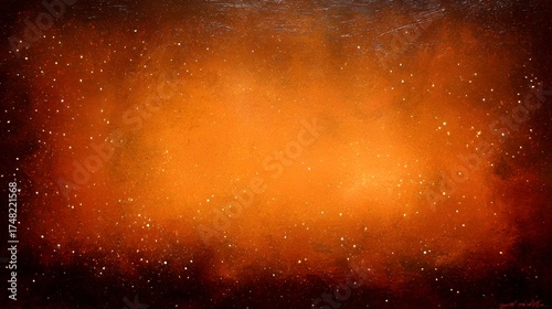 A rich, dark backdrop is illuminated by glowing shades of orange, creating a warm, mysterious atmosphere. Subtle specks of light resemble distant stars, enhancing the sense of depth and intrigue.