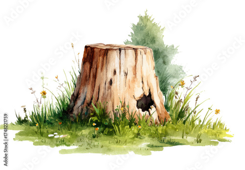 
Watercolor simple cute cartoon, wooden tree stump on grass in the style of artist, on a white background.

