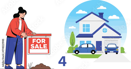 Woman Selling House Real Estate For Sale Sign and Residential Property