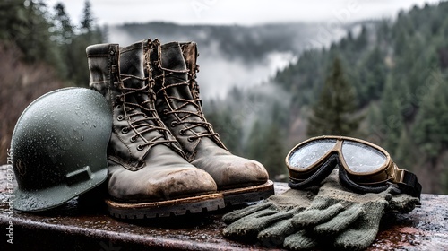 A safety helmet rests on a pair of sturdy work boots, alongside protective goggles and gloves, set against a misty forest backdrop. This scene highlights the essential gear for outdoor work.