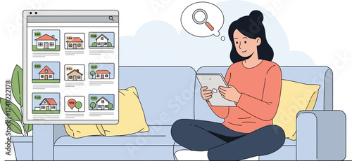 Woman Browsing Real Estate Listings Online for Sale, Enjoying the Comfort of Her Home