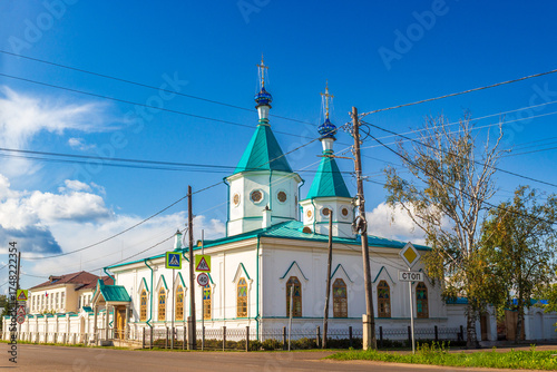 General view of the of the Iversky Monastery at Yeniseysk in Krasnoyarsk krai, Russia. The Yeniseysk Iversky Monastery is a women's monastery in the city of Yeniseysk. Translation from road sign: Stop
