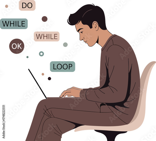 Focused male programmer writing code on a laptop, a vector illustration of a software developer working on a programming loop