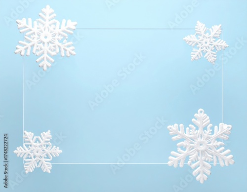 Four delicate white snowflakes are carefully placed in each corner forming a pretty frame on a peaceful blue background.