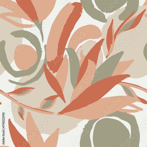 Modern abstract foliage seamless pattern. organic leaf shapes and brushstroke textures in earthy terracotta, beige, and sage tones. textile prints, wallpaper, packaging, contemporary surface design