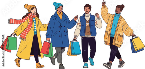 Happy diverse shoppers carrying shopping bags enjoying a day of retail therapy and purchases