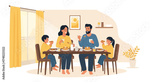 Happy family enjoying a pancake breakfast together in their cozy dining room at home