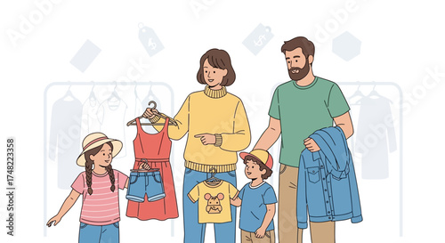 Happy family enjoying shopping for clothes together in a store, parents and kids choosing clothing
