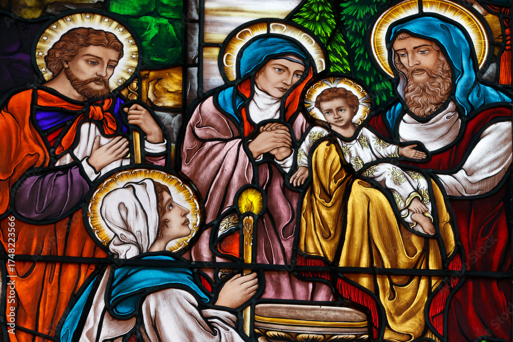 Fototapeta premium Stained glass. The Presentation of Jesus at the Temple. Church of Fatima. Ho Chi Minh city. Vietnam.