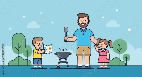 Happy father grilling with children spending quality time during family picnic