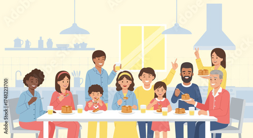 Happy multi generational family enjoying pancake breakfast together in the kitchen morning scene