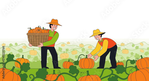 Harvest Season Delight: Two farmers Gather Ripe Pumpkins in a Bountiful Field with Care