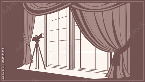 A classic interior window with curtains and camera setup.