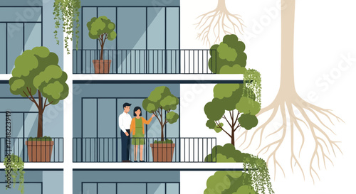Illustrated Eco-Friendly Urban Living with Couple on Balcony and Building Facade Design
