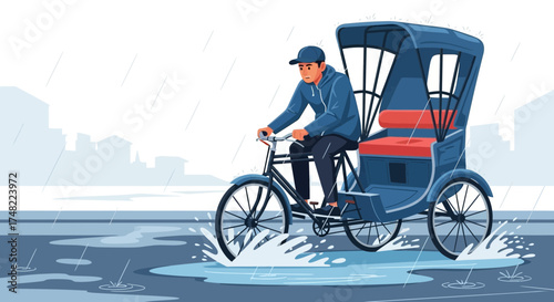 Illustrated rickshaw driver navigating flooded city streets during heavy rainfall season